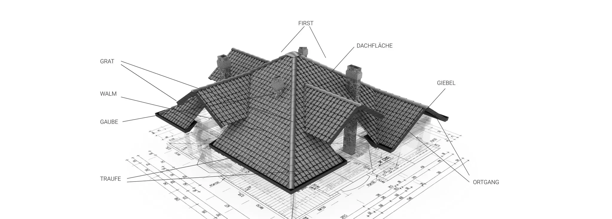 Querschnitt eines Daches mit beschrifteten Bauteilen